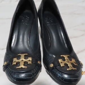 Tory Burch Gold Multi T Crocodile Pattern Heel Pump